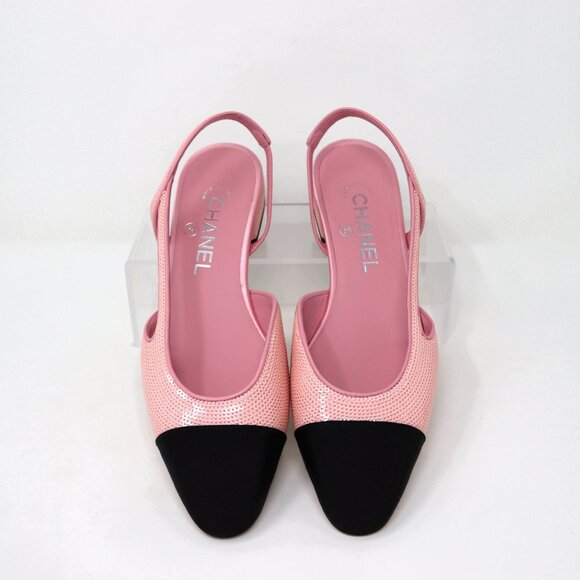 CHANEL 37.5 Pink Sequin Slingback 24P Interlocking CC Logo - Picture 9 of 14